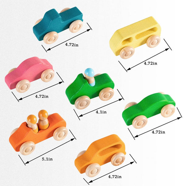 7 Pcs Colored Wooden Rainbow Cars Set with 3 pcs Peg Dolls | toys | The Baby Penguin