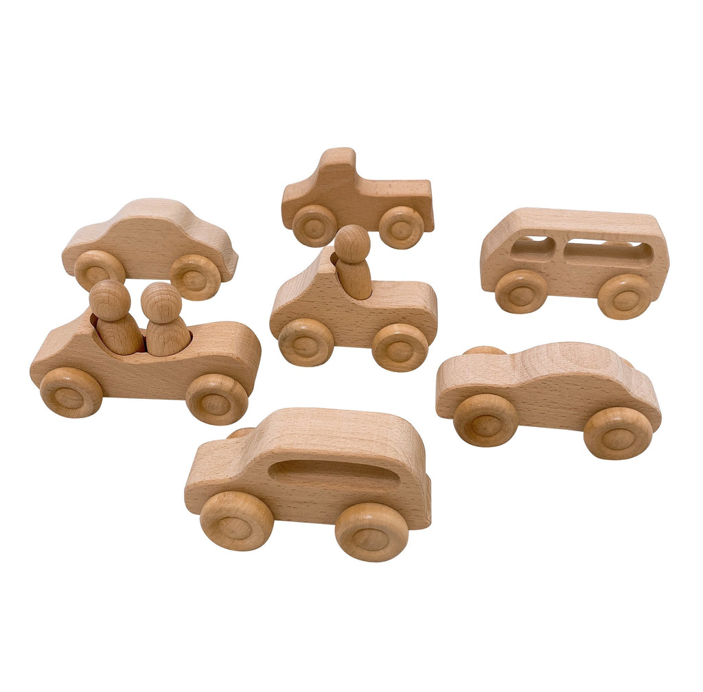 7 Pcs Natural Wooden Cars Set with 3 pcs Peg Dolls | toys | The Baby Penguin