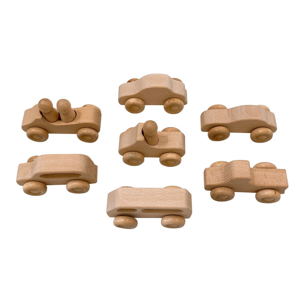7 Pcs Natural Wooden Cars Set with 3 pcs Peg Dolls | toys | The Baby Penguin