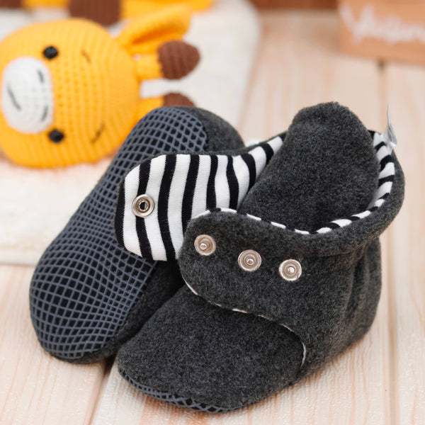 Anti-Slip Sole, Fleece Baby Booties, Newborn Home Booties, Sweat Proof Organic Cotton Lining, Anthracite - The Baby Penguin
