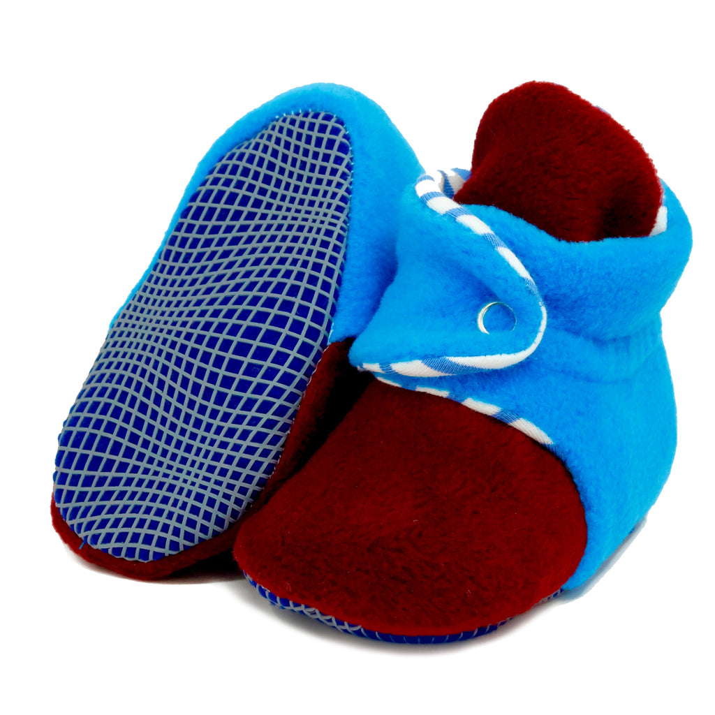 Anti-Slip Sole, Fleece Baby Booties, Newborn Home Booties, Sweat Proof Organic Cotton Lining, Burgundy Blue - The Baby Penguin