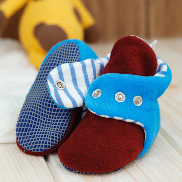 Anti-Slip Sole, Fleece Baby Booties, Newborn Home Booties, Sweat Proof Organic Cotton Lining, Burgundy Blue - The Baby Penguin