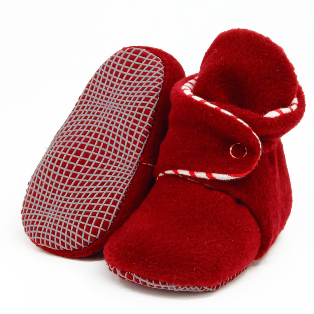 Anti-Slip Sole, Fleece Baby Booties, Newborn Home Booties, Sweat Proof Organic Cotton Lining, Burgundy - The Baby Penguin