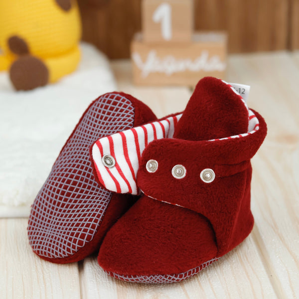 Anti-Slip Sole, Fleece Baby Booties, Newborn Home Booties, Sweat Proof Organic Cotton Lining, Burgundy - The Baby Penguin