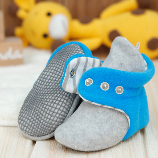 Anti-Slip Sole, Fleece Baby Booties, Newborn Home Booties, Sweat Proof Organic Cotton Lining, Gray Blue - The Baby Penguin