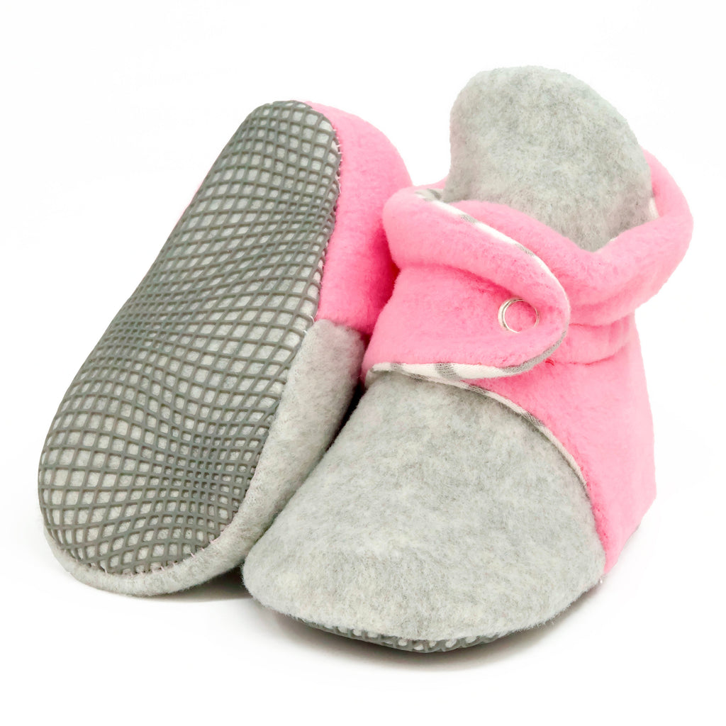 Anti-Slip Sole, Fleece Baby Booties, Newborn Home Booties, Sweat Proof Organic Cotton Lining, Gray Pink - The Baby Penguin