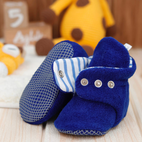 Anti-Slip Sole, Fleece Baby Booties, Newborn Home Booties, Sweat Proof Organic Cotton Lining, Navy Blue - The Baby Penguin