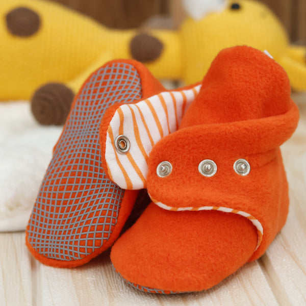 Anti-Slip Sole, Fleece Baby Booties, Newborn Home Booties, Sweat Proof Organic Cotton Lining, Orange - The Baby Penguin