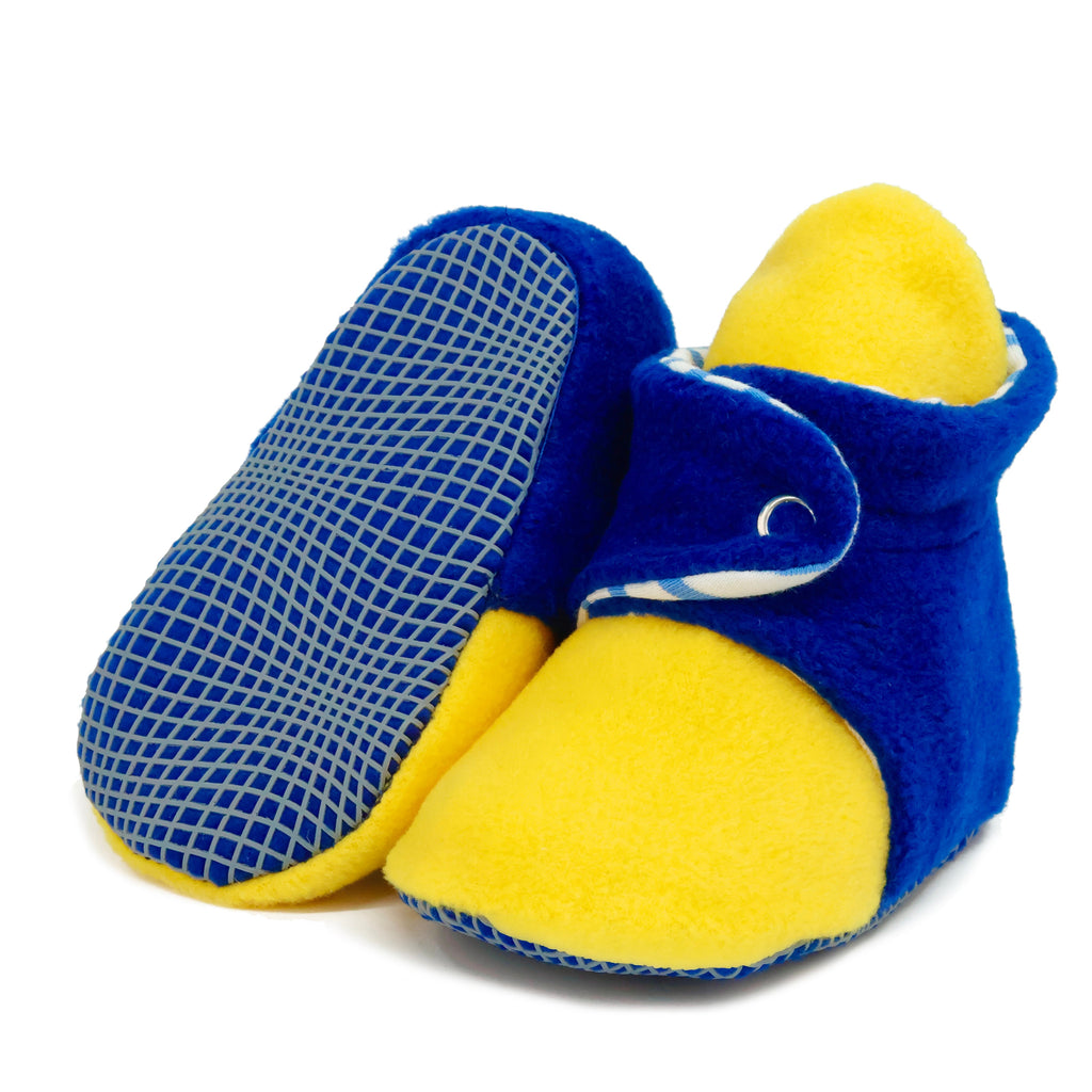 Anti-Slip Sole, Fleece Baby Booties, Newborn Home Booties, Sweat Proof Organic Cotton Lining, Yellow Blue - The Baby Penguin
