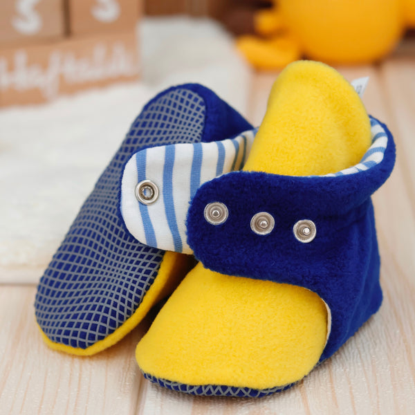 Anti-Slip Sole, Fleece Baby Booties, Newborn Home Booties, Sweat Proof Organic Cotton Lining, Yellow Blue - The Baby Penguin