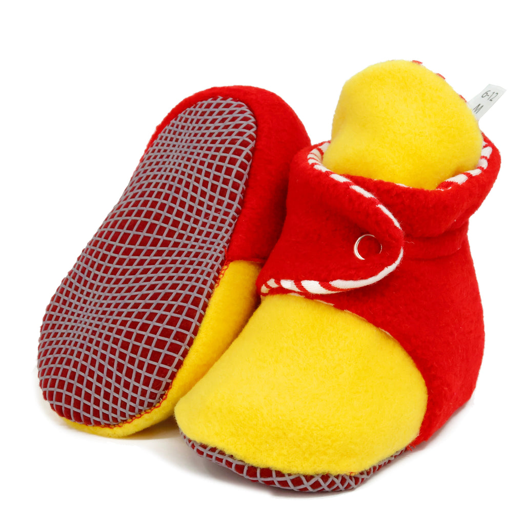 Anti-Slip Sole, Fleece Baby Booties, Newborn Home Booties, Sweat Proof Organic Cotton Lining, Yellow Red - The Baby Penguin