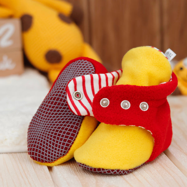 Anti-Slip Sole, Fleece Baby Booties, Newborn Home Booties, Sweat Proof Organic Cotton Lining, Yellow Red - The Baby Penguin