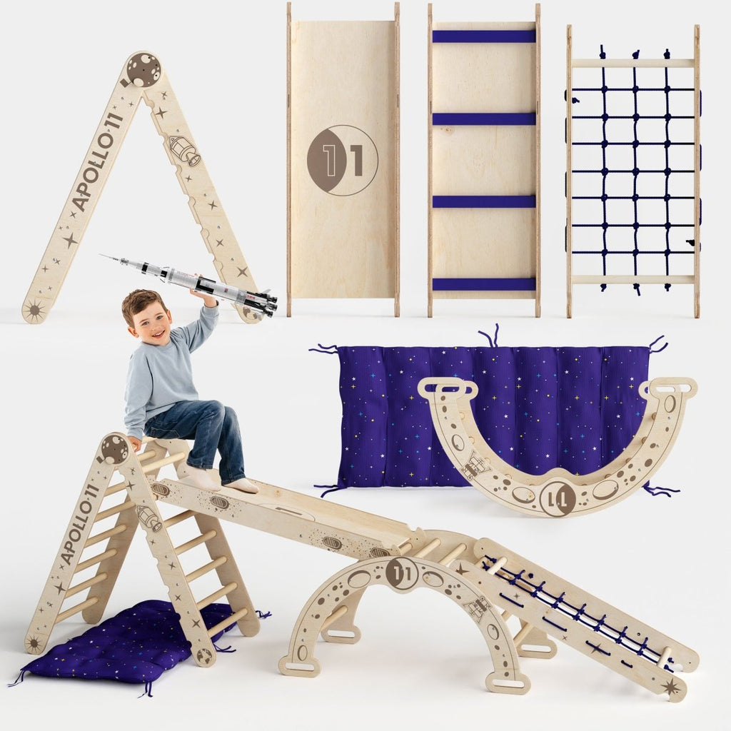 Apollo 5in1 Climbing Set:  Pikler Triangle, Net, Arch, Slide Board, and Cushion for Little Astronauts - The Baby Penguin
