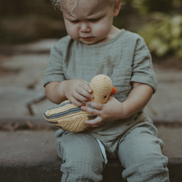 Baby Duck Rattle - Stripey Yellow |  | The Baby Penguin