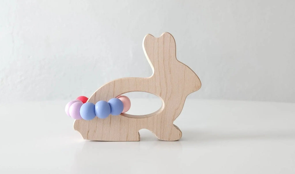 Bunny Wooden Grasping Toy with Teething Beads | Made in the USA | Grasping Toy | The Baby Penguin