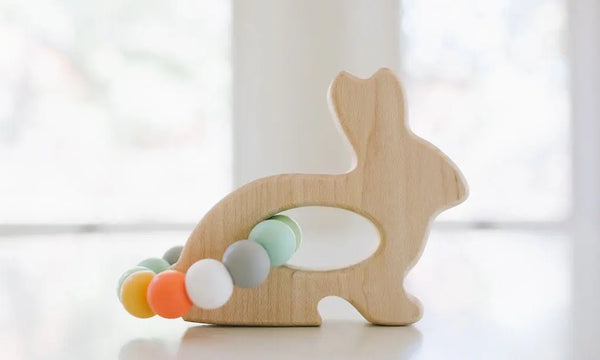 Bunny Wooden Grasping Toy with Teething Beads | Made in the USA | Grasping Toy | The Baby Penguin