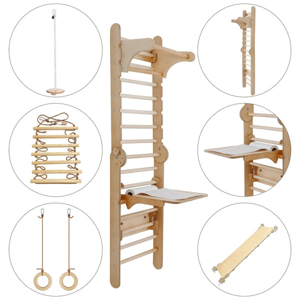 5in1: Wooden Swedish Wall / Climbing ladder for Children + Swing Set + Slide Board + Art Add-on - The Baby Penguin