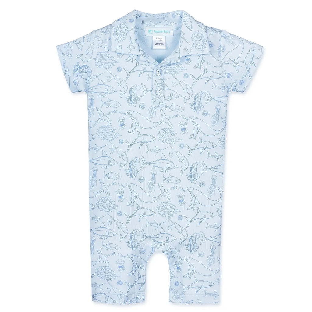  Collared Romper - Deep Ocean Dive on Baby Blue  100% Pima Cotton by Feather Baby Feather Baby 