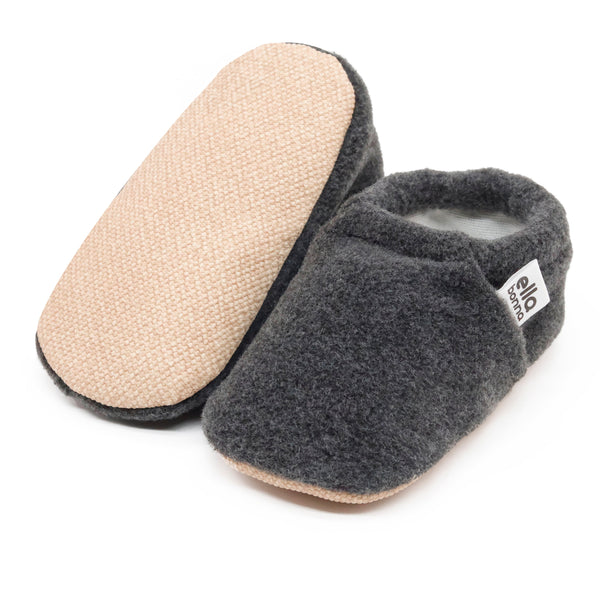 Fleece Baby House Booties, Non-Slip Sole, Organic Cotton Lining, Anthracite - The Baby Penguin