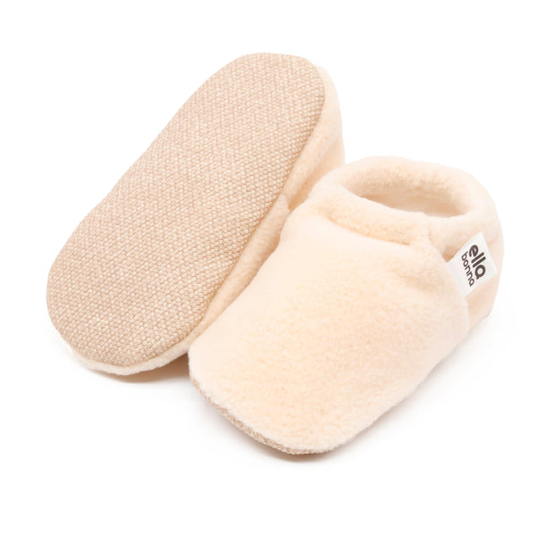 Fleece Baby House Booties, Non-Slip Sole, Organic Cotton Lining, Beige - The Baby Penguin