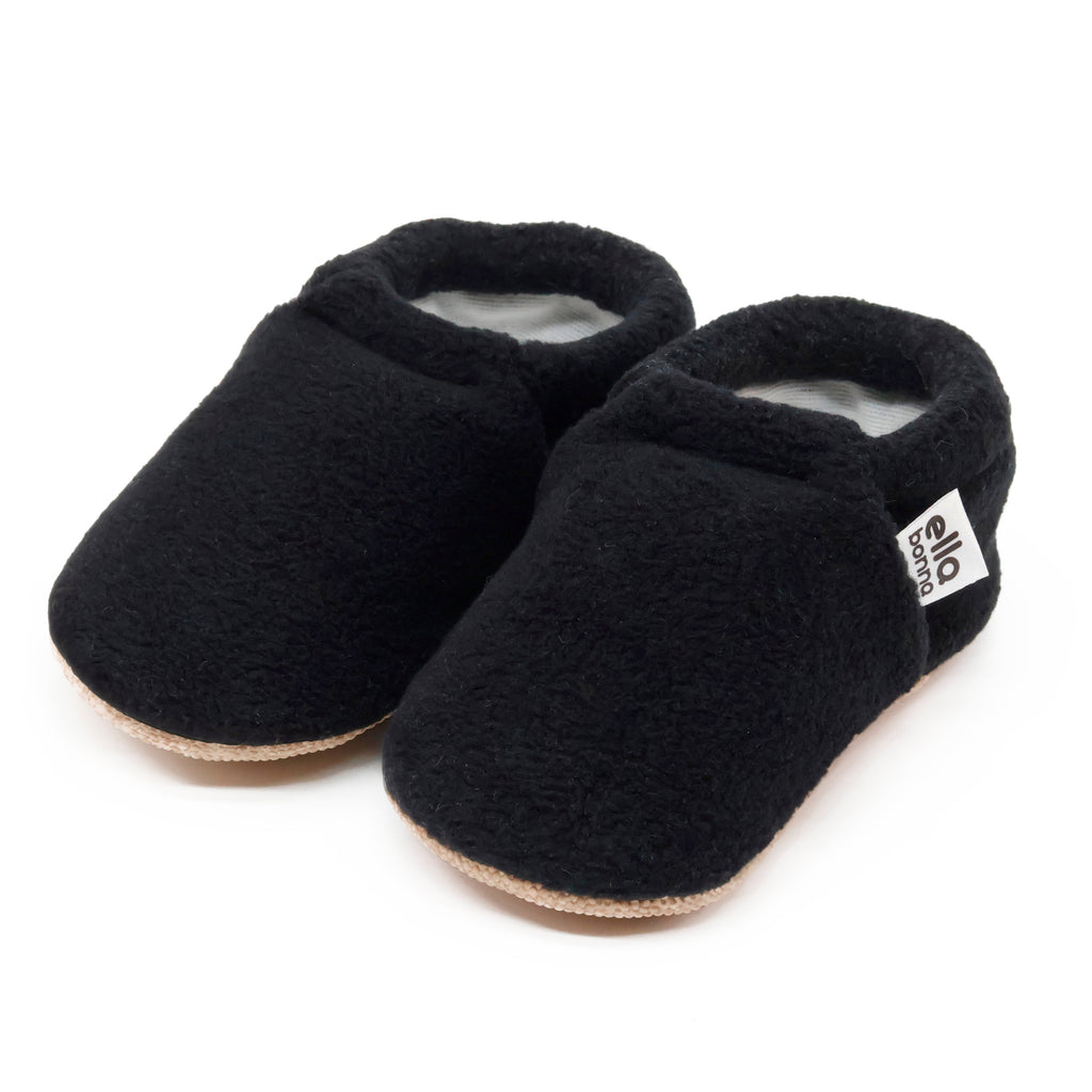 Fleece Baby House Booties, Non-Slip Sole, Organic Cotton Lining, Black - The Baby Penguin