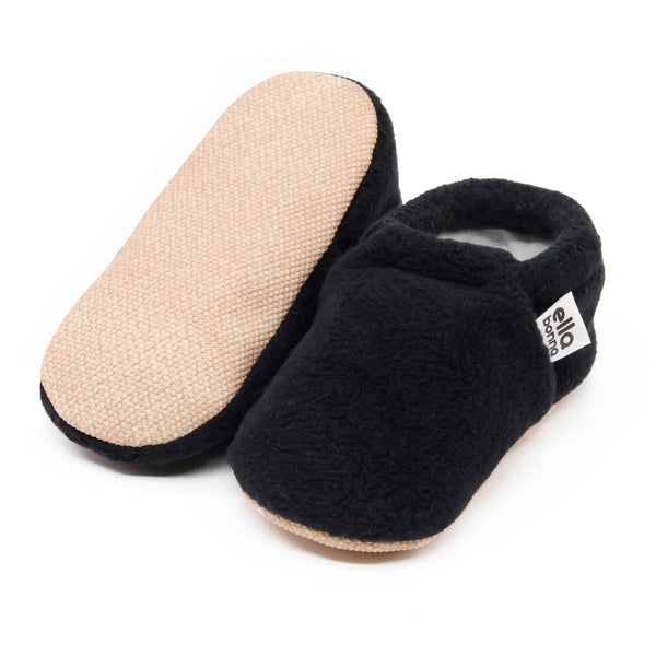 Fleece Baby House Booties, Non-Slip Sole, Organic Cotton Lining, Black - The Baby Penguin