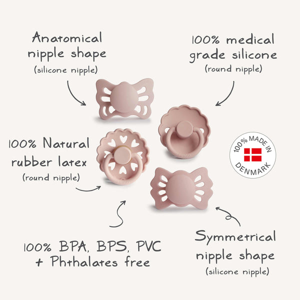 FRIGG Baby's First Pacifier Floral Heart (Blush) 4-Pack | FRIGG PACIFIERS | The Baby Penguin