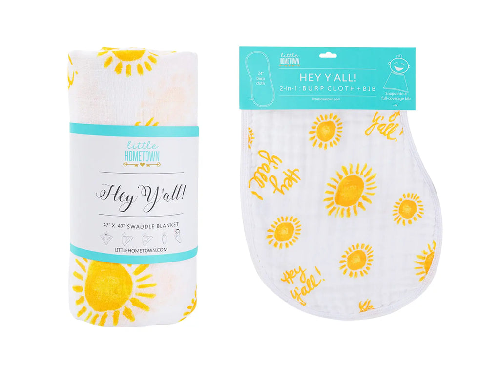  Gift Set: Hey Y'all Baby Muslin Swaddle Blanket and Burp Cloth/Bib Combo by Little Hometown Little Hometown 