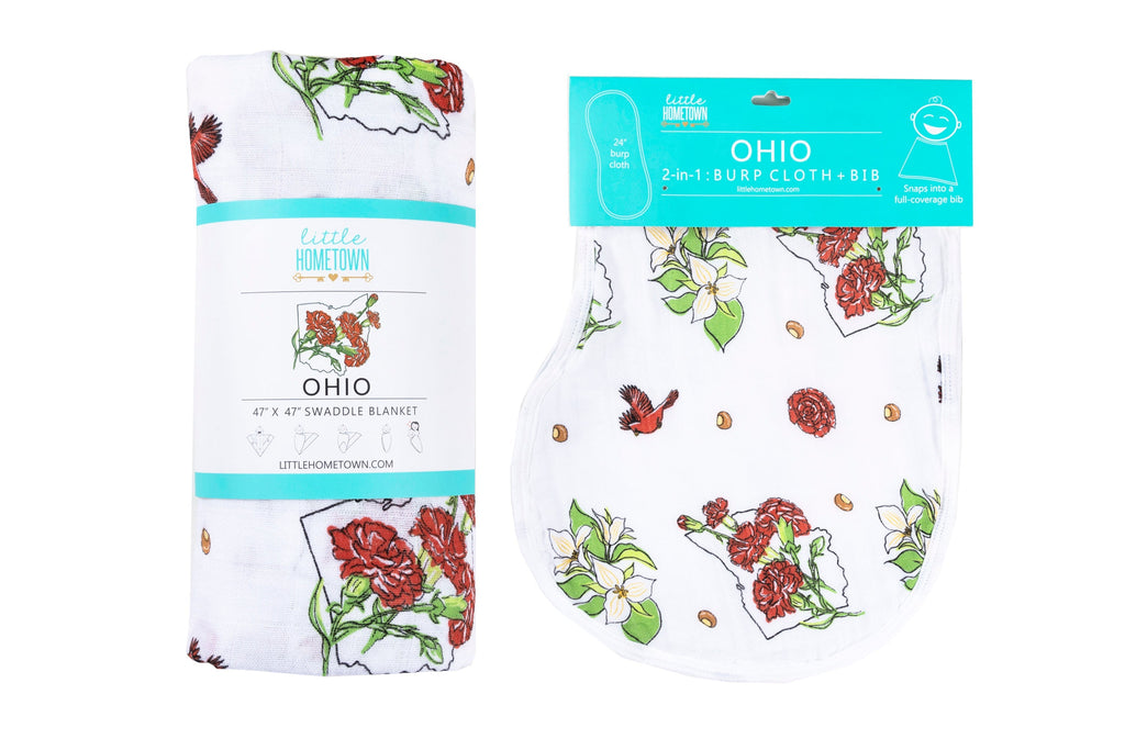  Gift Set: Ohio Baby Muslin Swaddle Receiving Blanket (Floral) and Burp/Bib Combo by Little Hometown Little Hometown 