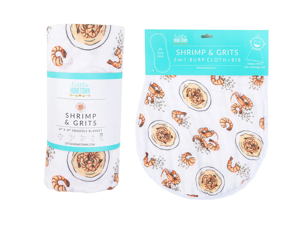  Gift Set: Shrimp'n Grits Baby Muslin Swaddle Blanket and Burp Cloth/Bib Combo by Little Hometown Little Hometown 