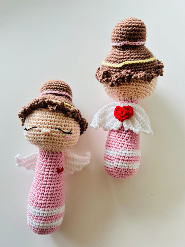 Handmade Crochet Angel Rattle – Organic Cotton Soft Baby Toy