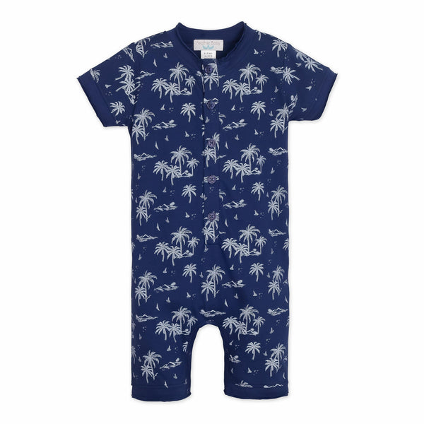  Henley Romper - Vintage Hawaii - White on Indigo  100% Pima Cotton by Feather Baby Feather Baby 