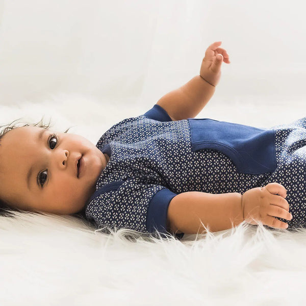  Kangaroo Romper - Tiny Geo on Indigo  100% Pima Cotton by Feather Baby Feather Baby 