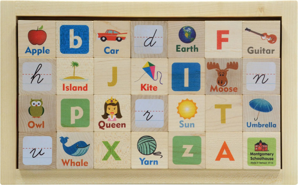 A different version of a 28 pc. set of ABC Letter Picture Natural blocks with Tray. These feature one letter per block with upper case, lower case, cursive, and three related pictures. The last two blocks have extra letters to help spell more words. These hard maple 1.75" blocks are colorfully printed and have no finish. The tray has unfinished maple sides and a plywood bottom. Made in Vermont, USA. Ages: 2 years and up