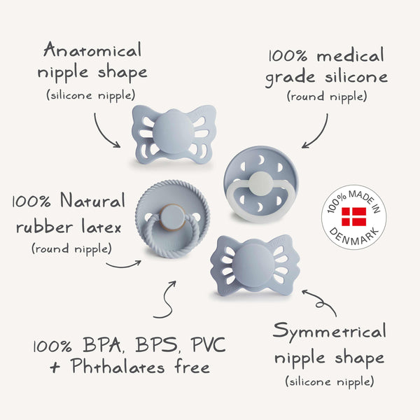 FRIGG Baby's First Pacifier Moonlight Sailing (Powder Blue) 4-Pack | FRIGG PACIFIERS | The Baby Penguin