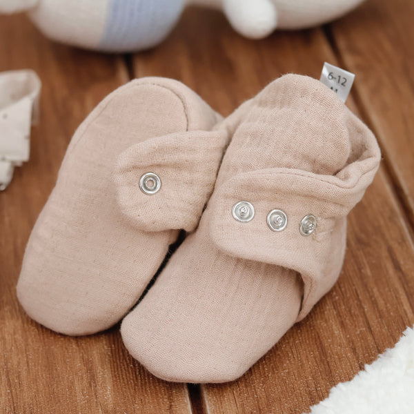 Muslin Stay On Baby Booties Beige - The Baby Penguin