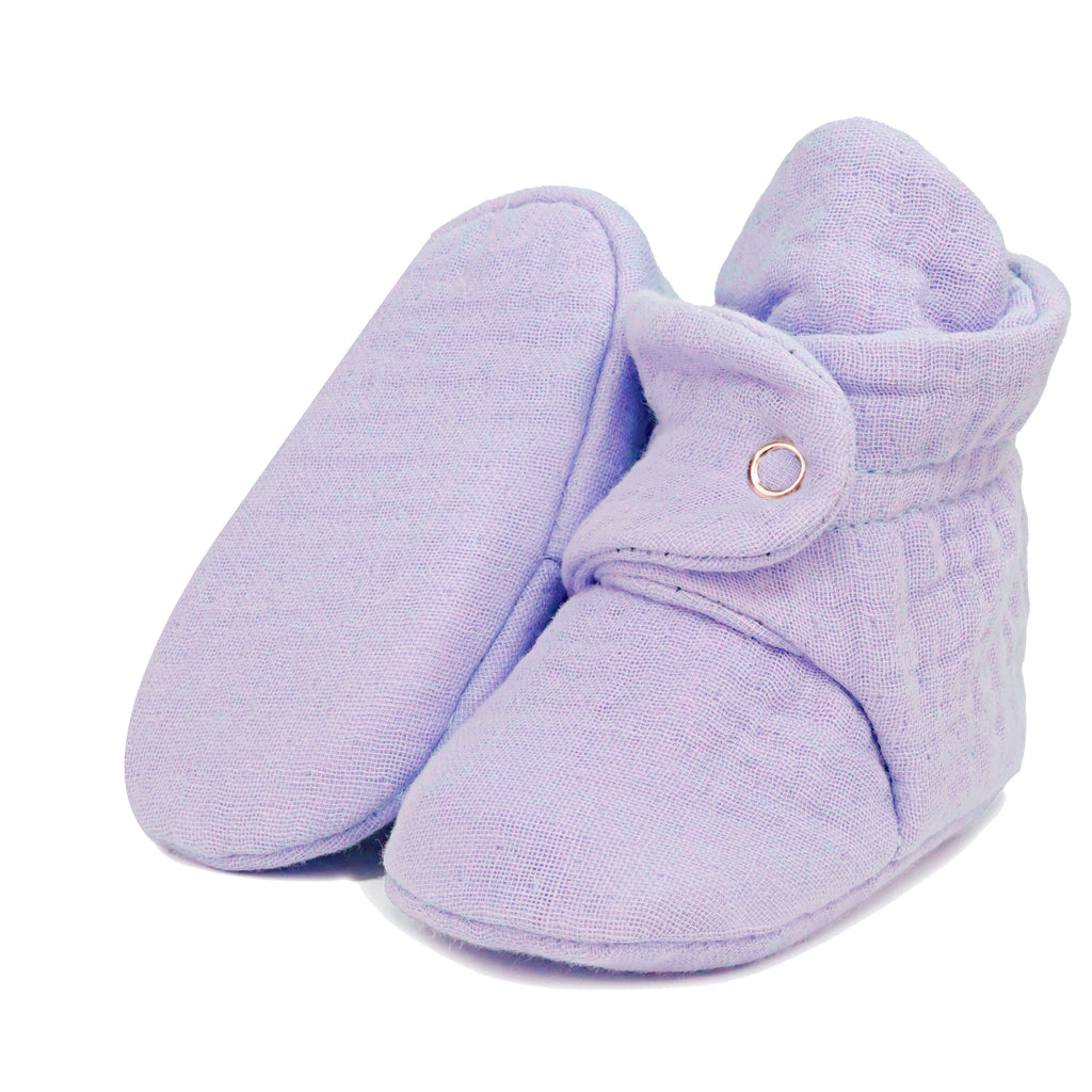 Muslin Stay On Baby Booties Lilac - The Baby Penguin