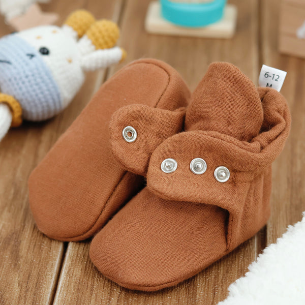 Muslin Stay On Baby Booties Walnut - The Baby Penguin