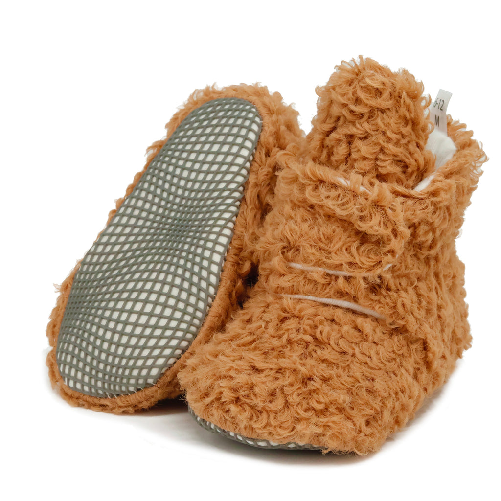 Non-Slip Sole, Organic Cotton Inner Lining,Newborn Shoes ,Tedy Booties, Light Brown Baby Booties - The Baby Penguin