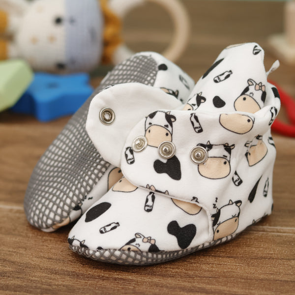 Organic Cotton Baby Booties, Non-Slip Sole, Cotton Newborn Booties Home Nursery Shoes, Cow - The Baby Penguin