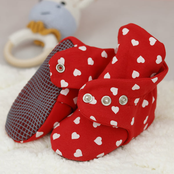 Organic Cotton Baby Booties, Non-Slip Sole, Cotton Newborn Booties Home Nursery Shoes, Hearts Red - The Baby Penguin