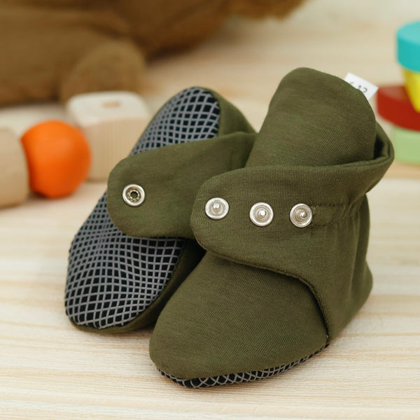 Organic Cotton Baby Booties, Non-Slip Sole, Cotton Newborn Booties Home Nursery Shoes, Khaki - The Baby Penguin