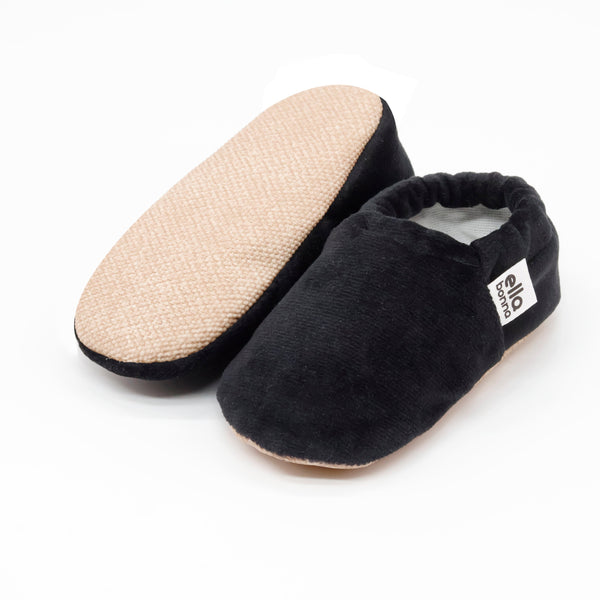 Organic Cotton Velvet Home Nursery Moccasin Shoes Black - The Baby Penguin