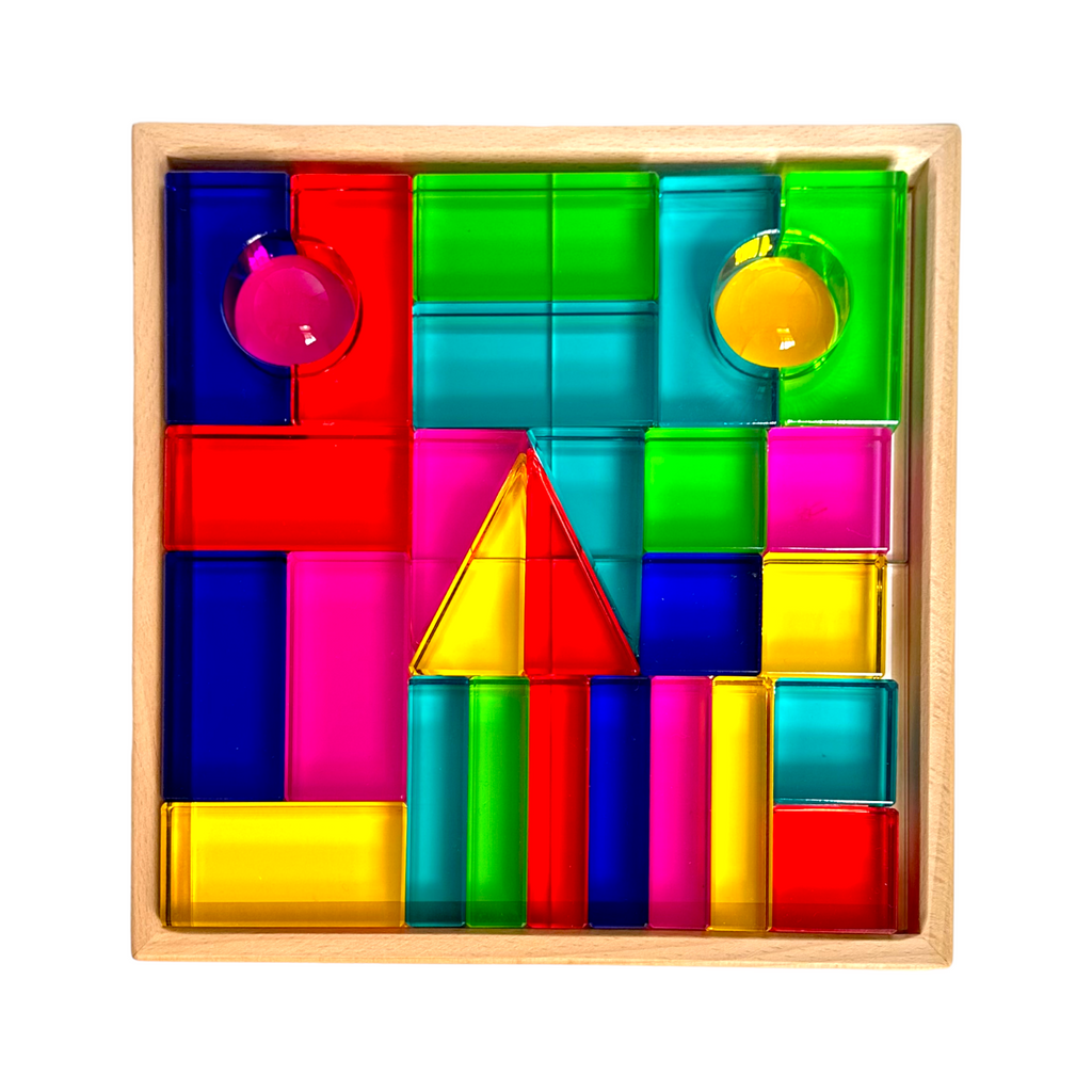 **Pre-order (Ships in 2-3 Weeks)**28 Pcs Rainbow Translucent Acrylic Sensory Building Blocks with Storage Tray |  | The Baby Penguin