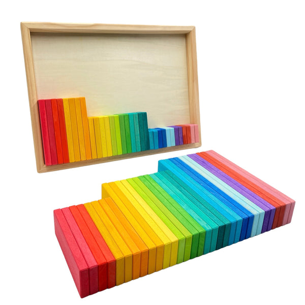**Pre-order (Ships in 2-3 Weeks)**64 Pcs STAINED Large Wooden Rainbow Building Slats with Storage Tray |  | The Baby Penguin