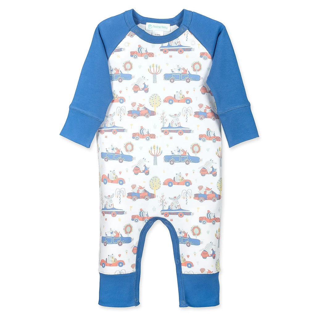  Sailor-Sleeve Romper - Racing Critters  100% Pima Cotton by Feather Baby Feather Baby 
