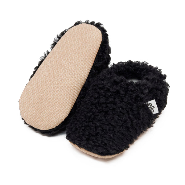 Teddy Baby Booties House Slippers, Non-Slip Sole, Organic Cotton Lining, Home Nursery Shoes, Black - The Baby Penguin