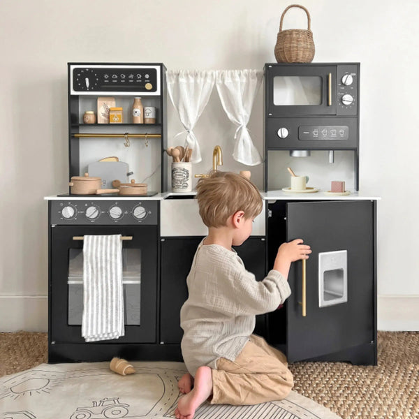 Tiny Land® Iconic Wooden Play Kitchen – Black Pretend Cooking Set for Kids | Toy | The Baby Penguin