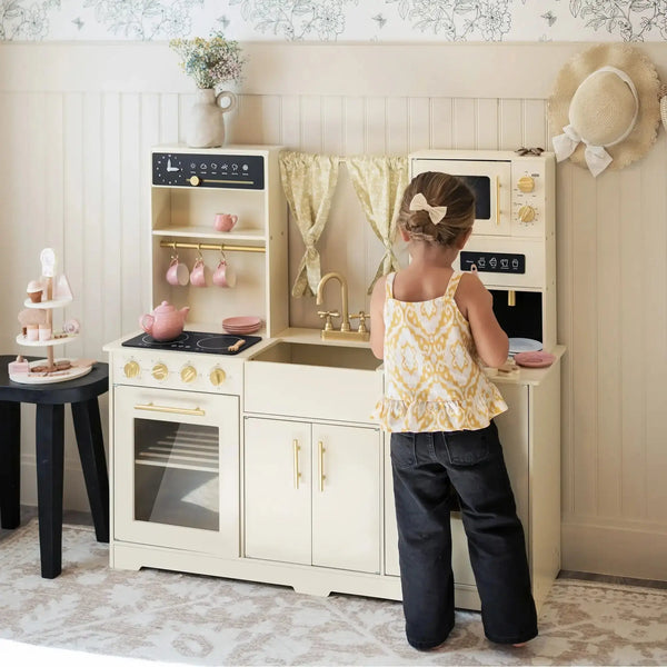 Tiny Land® Iconic Wooden Play Kitchen – Cream Pretend Cooking Set for Kids | Toy | The Baby Penguin