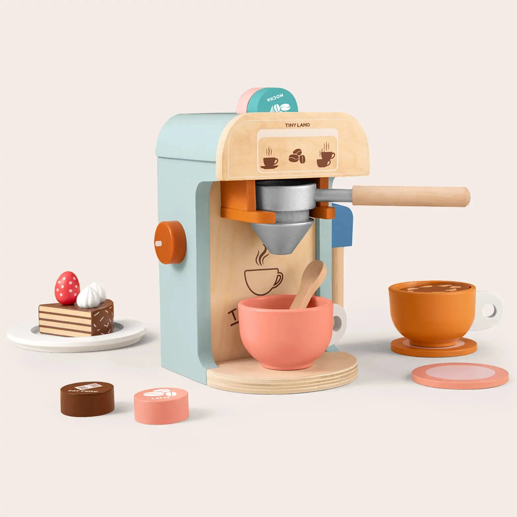 Tiny Land® Play Kitchen Accessories – Children’s Coffee Maker: Wooden Kids Play Coffee Maker Set | Toy Cookware | The Baby Penguin